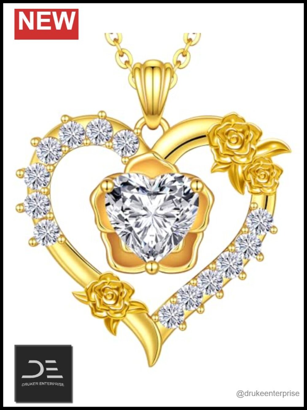 Moissanite Heart Pendant Necklace 18K Gold Plated Sterling Silver Women's